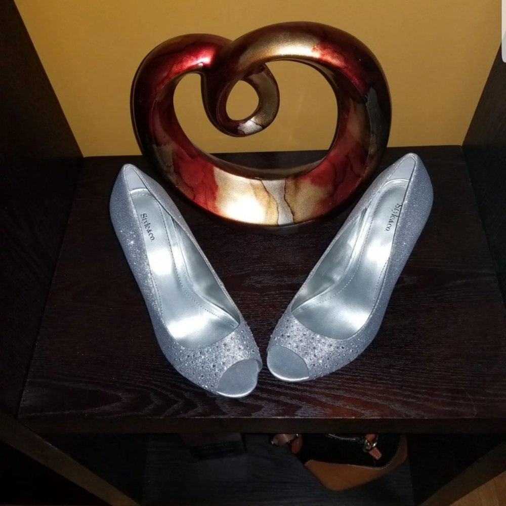 Silver peep toe heels